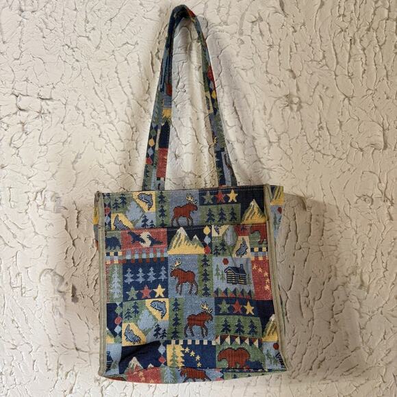 Jade Handbags - Vintage Tapestry Tote Bag Cabin Lodge Style | Moose Bear Mountain Print Shoulder